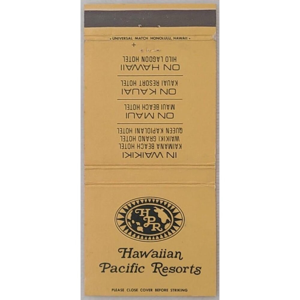 Vintage Front Strike Matchbook Cover Hawaiian Pacific Resorts Honolulu & Tokyo